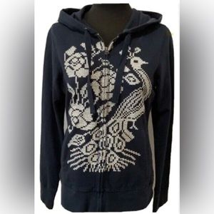 Lucky Brand Women's Navy Blue Cross Stitch Peacock Hoodie Sweatshirt Zip MEDIUM